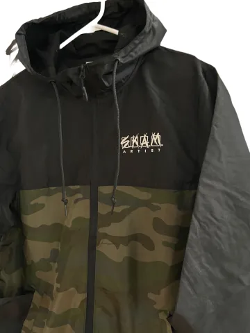 Black and Green Camo Embroidered Zip Windbreaker with Hood